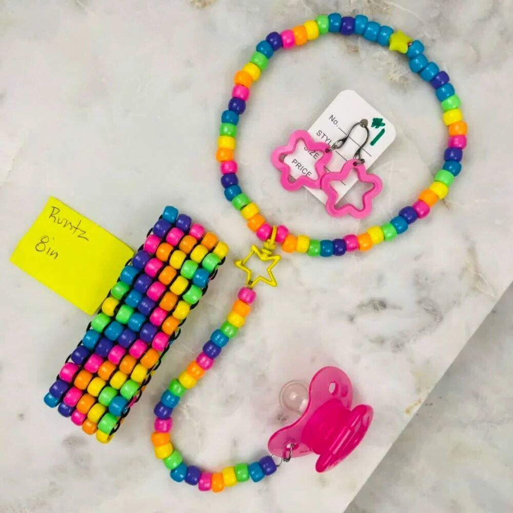 Rave 6pc Rainbow choker binky & cord earrings cuff (kandi Runtz) - Picture 2 of 11